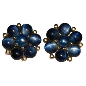 Lisner Vintage Blue Cats Eye Cabochon Floral Cluster Clip On Earrings Gold Tone
